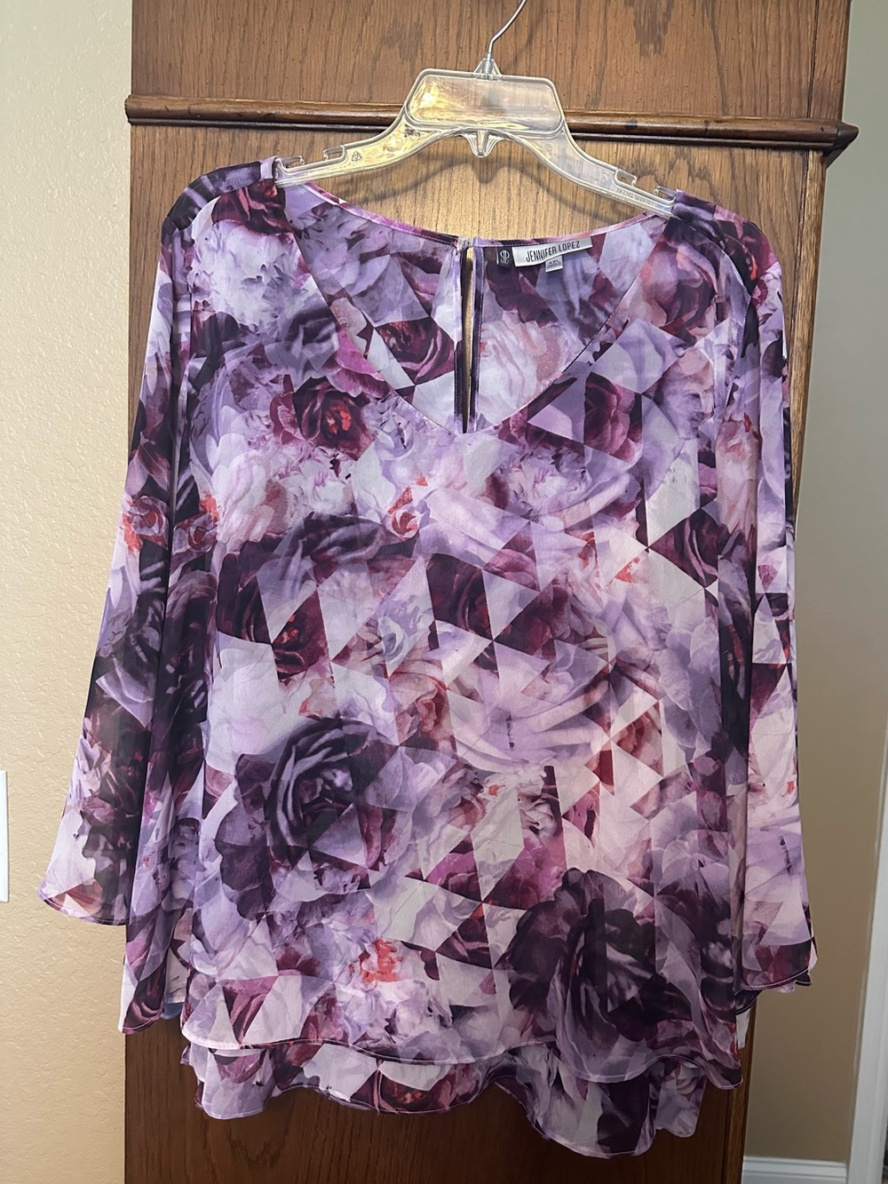 Jennifer Lopez Purple Floral Geometric V-Neck Blouse